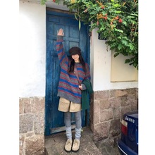 日系慵懒感廓形撞色条纹2025秋季松弛套头针织衫女