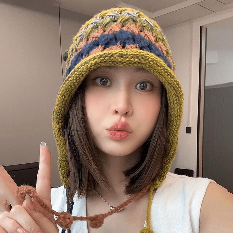 民族风彩虹毛线帽子女可爱保暖针织帽甜美秋冬护耳流苏辫子包头帽|undefined