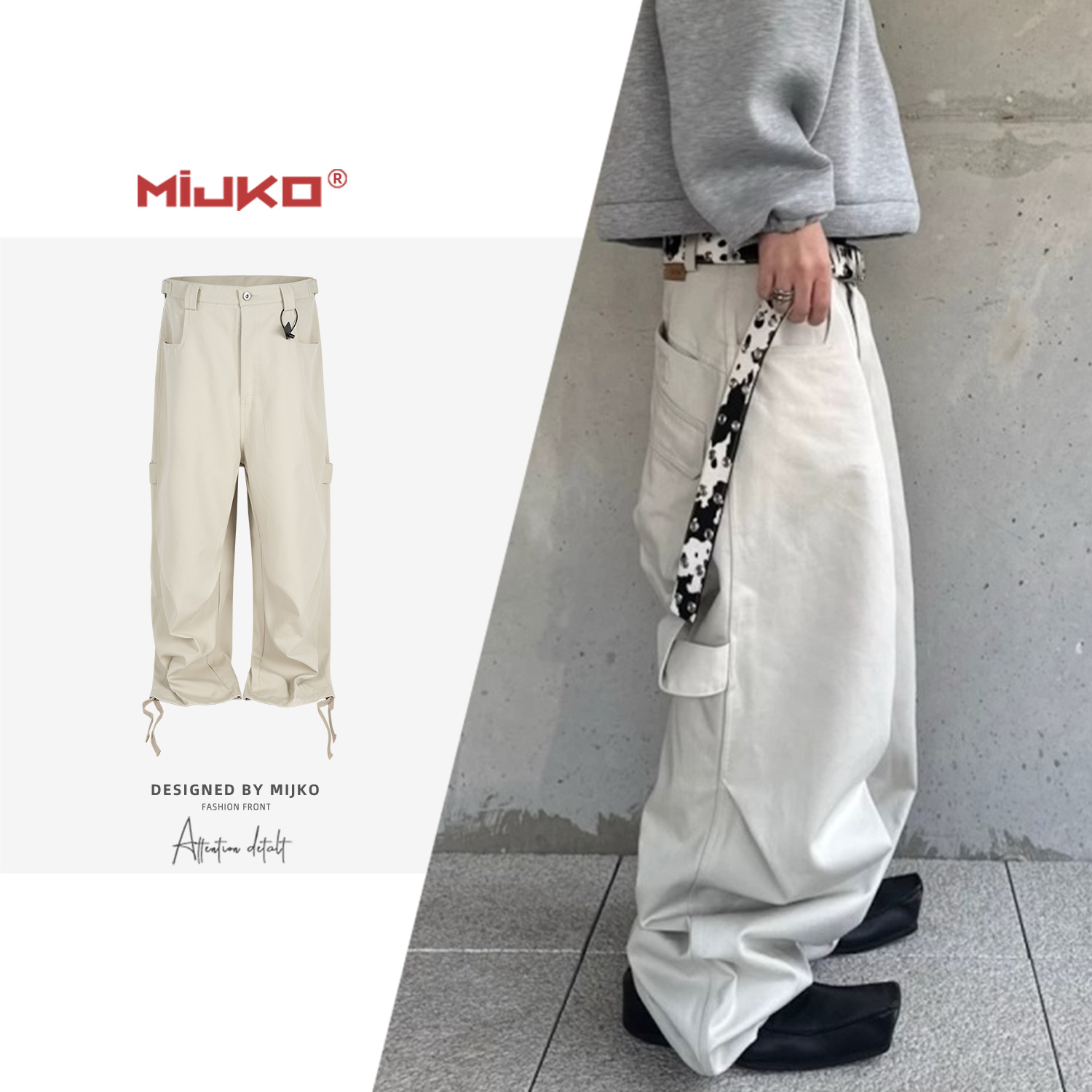 Mijko Men's and Women's Pleated Scimitar Wide-Leg Cargo Pants, Men's and Women's Same Style Drawstring Trouser Leg Buckle Waist Casual Pants