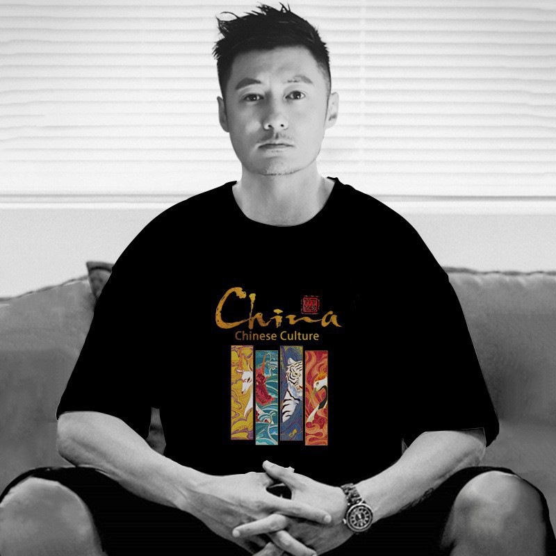 Summer cotton short-sleeved T-shirt men's plus size printed round neck loose fashionable breathable wear-resistant moisture wicking