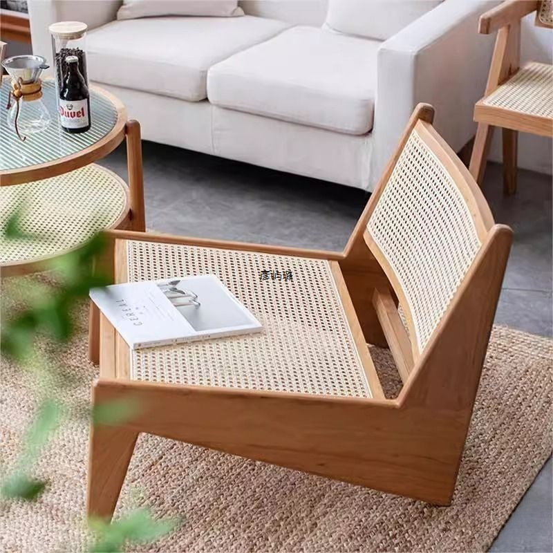 Japanese Solid Wood Kangaroo Rattan Chair Lazy Sofa Chair Wabi-Sabi Style Retro Style Home Nordic Balcony Leisure Chair
