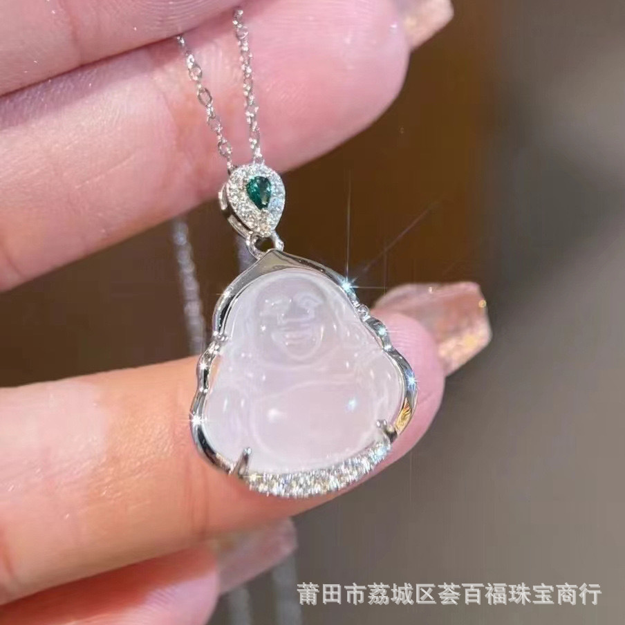 弥勒佛吊坠女s925纯银镶嵌白玉髓小佛公玉石项链中国风复古锁骨链