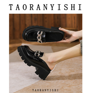 Closed toe half slippers women's outer wear 2024 Summer lazy slippers Muller sandals thick heel platform loafers leather shoes