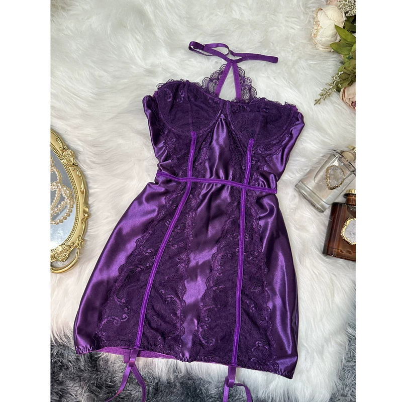 Комплект бюстье с кружевной поддержкой, бюстгальтер-лиф Purple Lace с подвязками и чулками, one size
