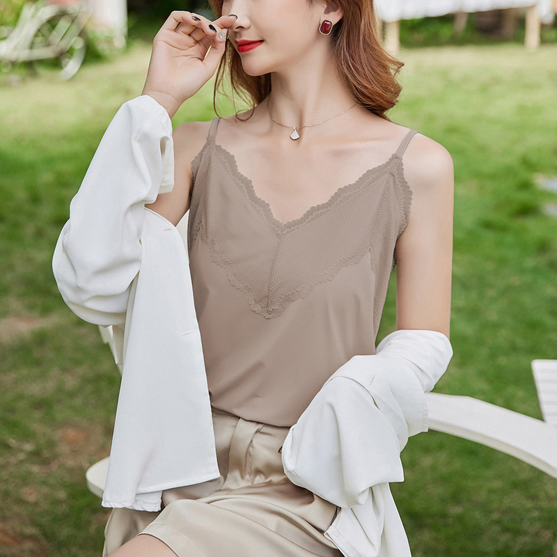 Summer New Ice Cool Silk Camisole Elegant V-neck Lace Sexy Outer Wear Inner Sleeveless Base Shirt