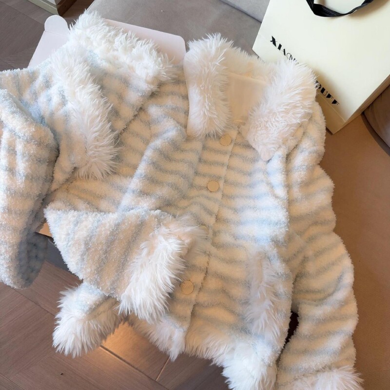 Korean Style Raw Edge Stripesd Long-Sleeved Half-Velvet Pajamas for Women Autumn and Winter Knitted Furry Cardigan Jacket Home Wear Set