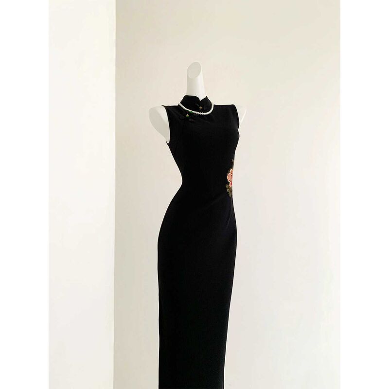 【Dark Night Peony】Rose Chinese-Style Black Improved Qipao Slimming Retro High-End Embroidered Dress National Style Dress