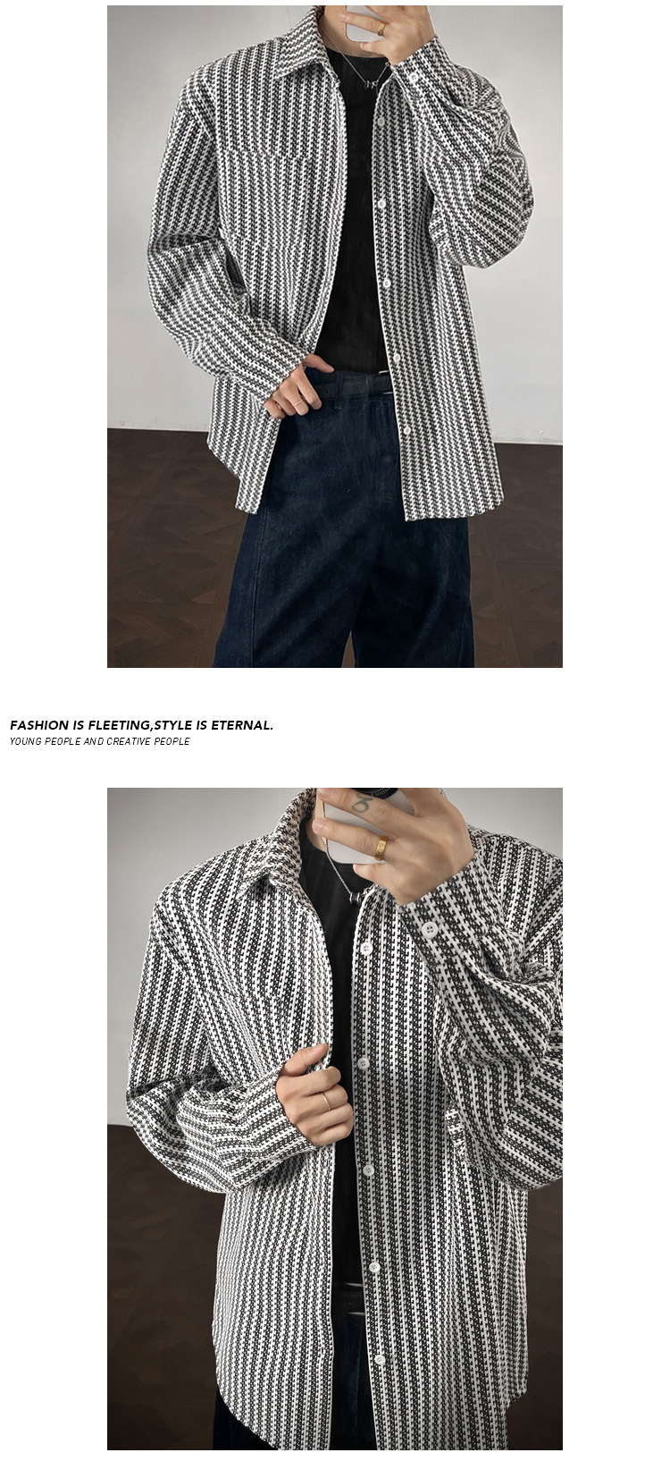 Camicia da uomo in stile retrò americano, con motivo a spina di pesce pesante, primavera autunno, di alta qualità, con colletto rovesciato_voghion.com