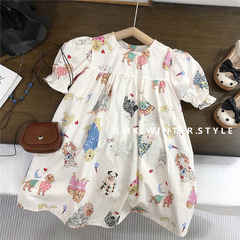 Girls' Doll Dress, Summer New Collection: Cute Dog-Printed, Loose-Fit Puff-Sleeve Dress for Little Girls—Cross-Border Choice