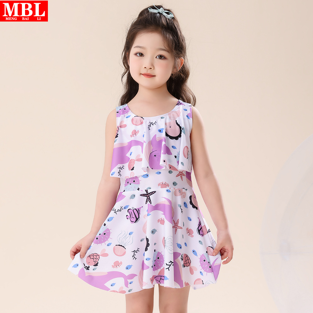 여자 수영 원피스 만화 인쇄 꽃 어린이 분할 민소매 조끼 치마 어린이 수영 스커트 세트