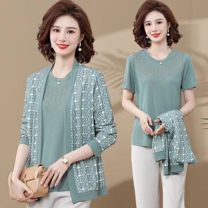 Middle-aged and elderly women's mother's clothing, new spring, summer, and autumn three-piece set, high-end stylish outerwear, printed by the source factory Middle-aged and elderly women's mother's clothing, new spring, summer, and autumn three-piece set, high-end stylish outerwear, printed by the source factory