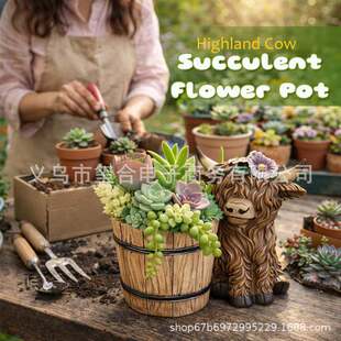 Adorable Ceramic Highland Cow with Wooden Barrel Planter f