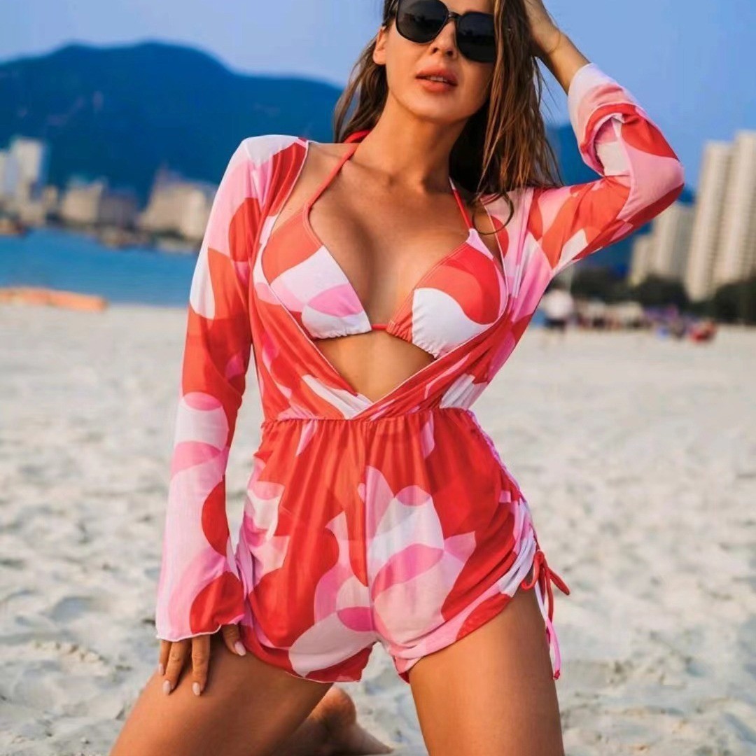 Swimming Occasion Women's Sexy Color Block 3 Pieces Set Bikinis Swimwear