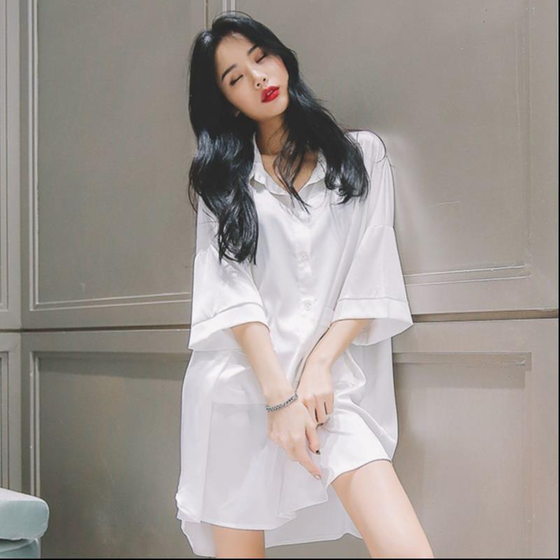 Pijama de verano mujer delgada suelta Chiffon novio camisa de viento seducción pijama mediano largo se puede usar ropa de casa
