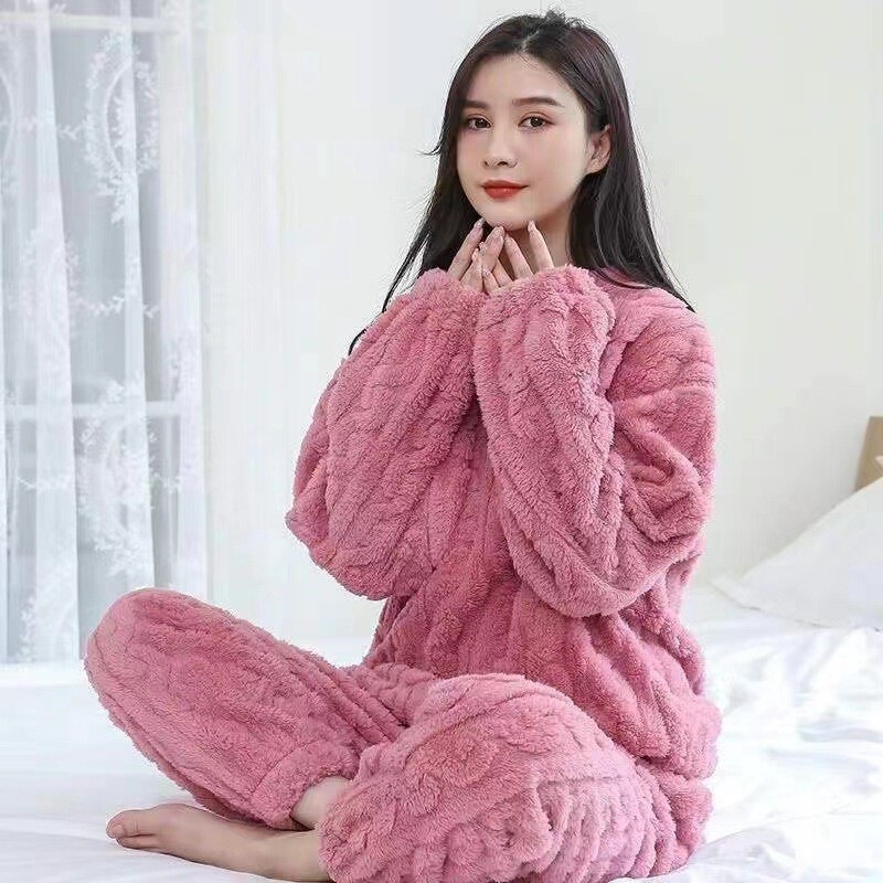 秋冬季珊瑚绒睡衣套装女加绒加厚家居服时尚可外穿法兰绒开衫睡袍|undefined