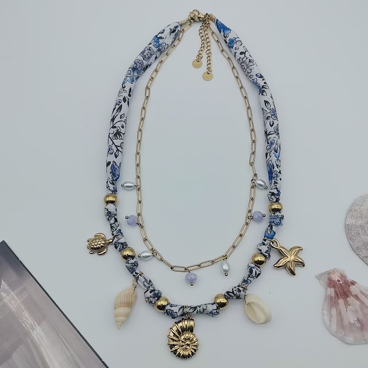 Marine Style Tortoise Starfish Conch 304 Stainless Steel Bandana Cloth Silk Scarf Cord Paperclip Chain Handmade Chain Lobster Trigger Clasp Closure Layered Necklaces Wholesale display picture 1