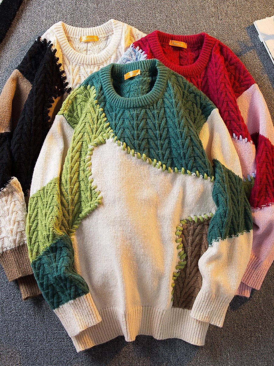 Costuras japonesas, contraste de color, moda, comercio exterior, pedidos japoneses, RC otoño e invierno, nuevos productos, suéter de punto de longitud media, oversize