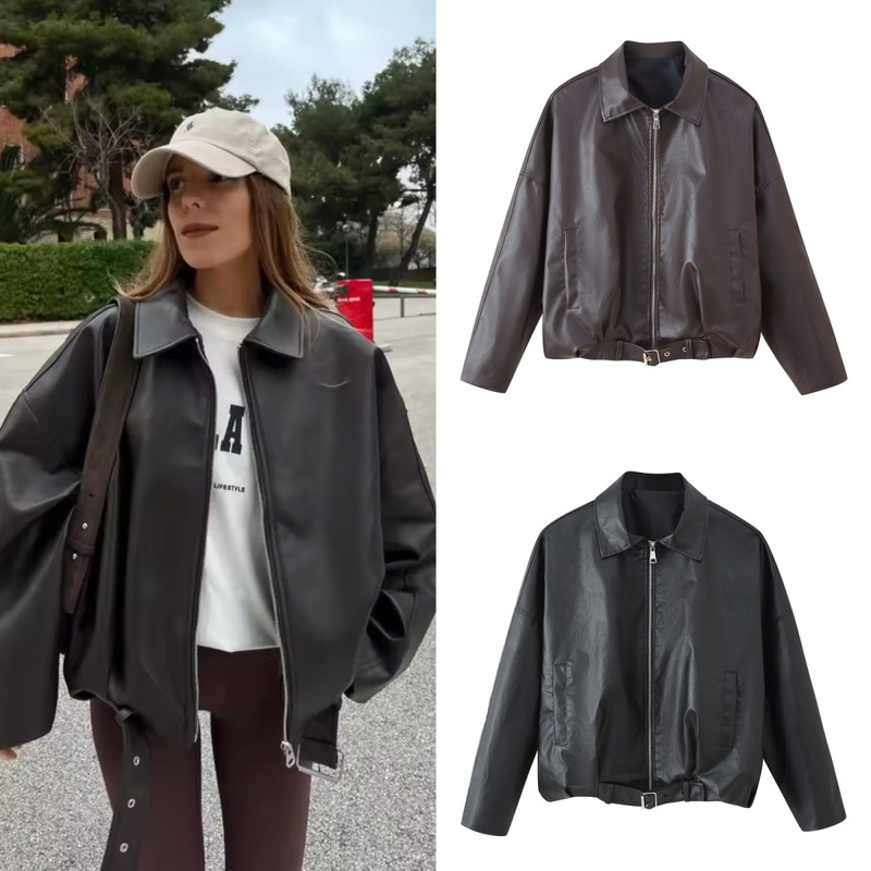 Trendy Versatile Two-Tone American Retro Leather Jacket with Belt from Aliexpress and Amazon, Popular in Europe and America Trendy Versatile Two-Tone American Retro Leather Jacket with Belt from Aliexpress and Amazon, Popular in Europe and America