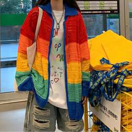 彩色拼接毛衣女春秋多巴胺穿搭复古宽松慵懒镂空针织开衫上衣外套