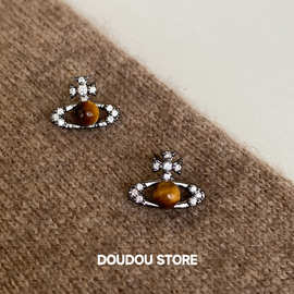 925银针甜酷风天然虎眼石耳钉女黑色个性小众气质土星耳饰