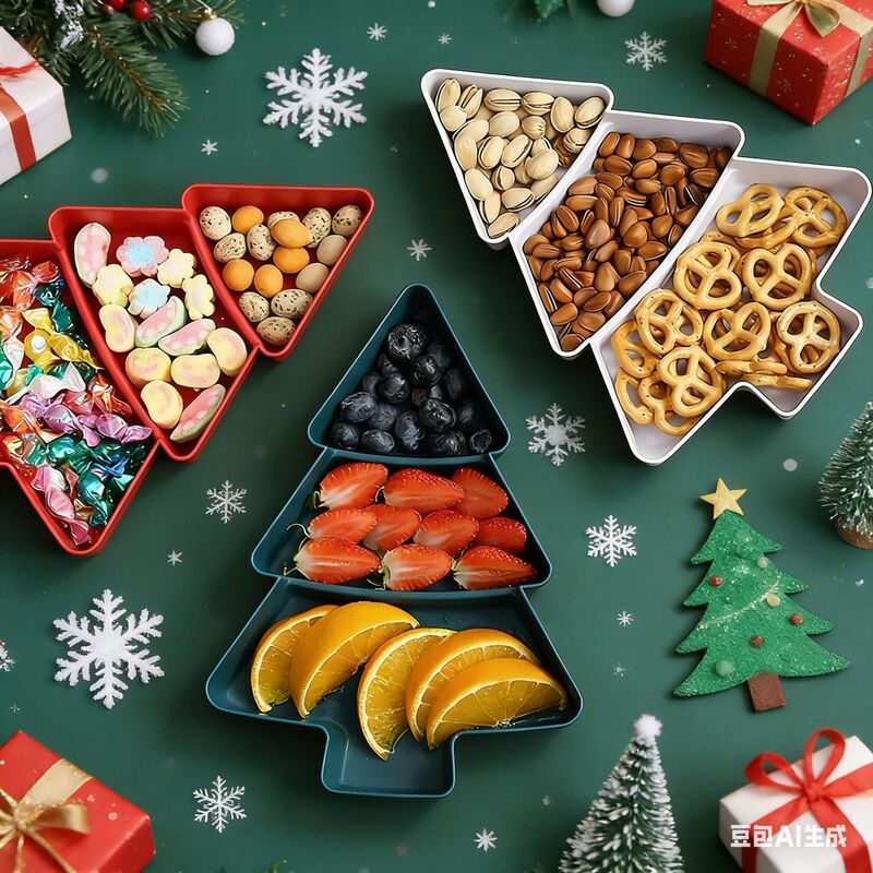 Cross-border Amazon Christmas Tree Spring Festival dried fruit plate household plastic candy plate creative grid melon seeds snack platter