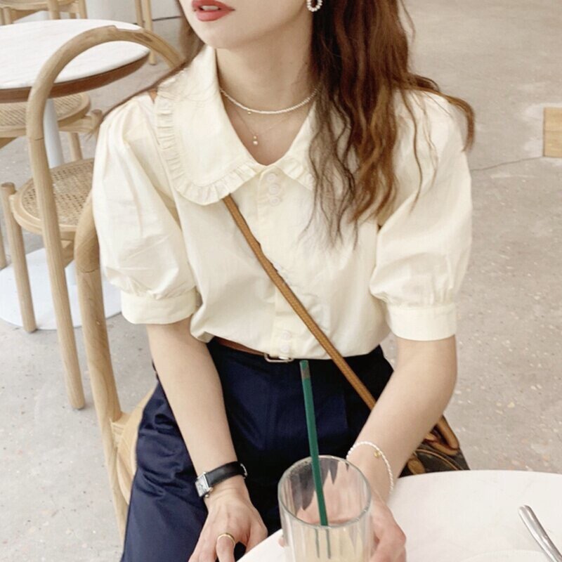 French Niche Light Cream Yellow Bubble Sleeve Right Angle Shoulder Doll Collar Short Sleeve Shirt Thin Women's Spring Chic Top