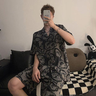 Summer pijama, thin silk shorts for students, set, with short sleeve, for teenagers, men's style
