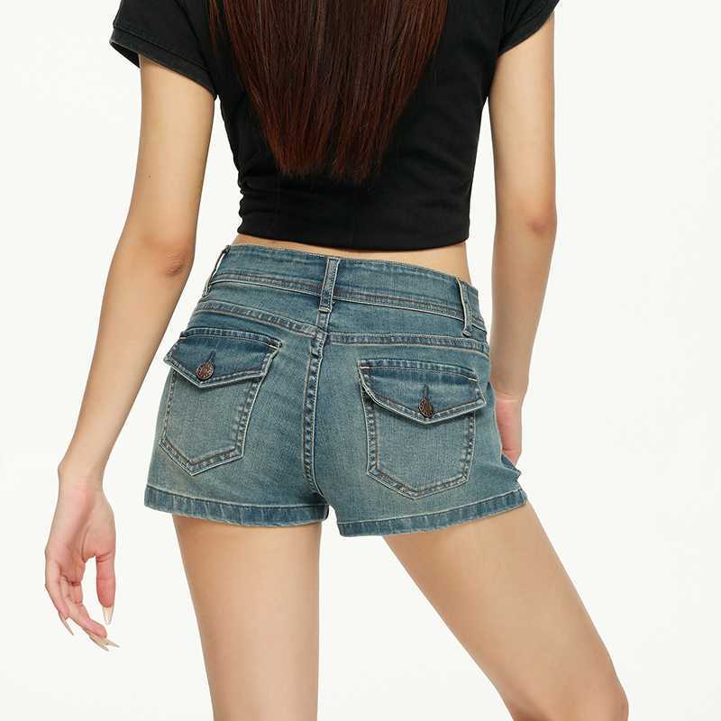 Wholesale American Retro Double-Button Low-Waist Denim Shorts for Women, Summer Design, Hip-Lifting, Elastic, Slimming Hot Girl