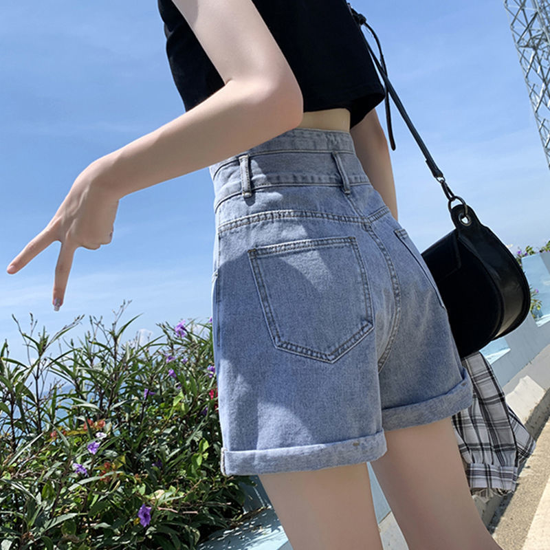 新款牛仔短裤女高腰显瘦阔腿裤双排扣卷边女短裤夏天黑色a字裤薄