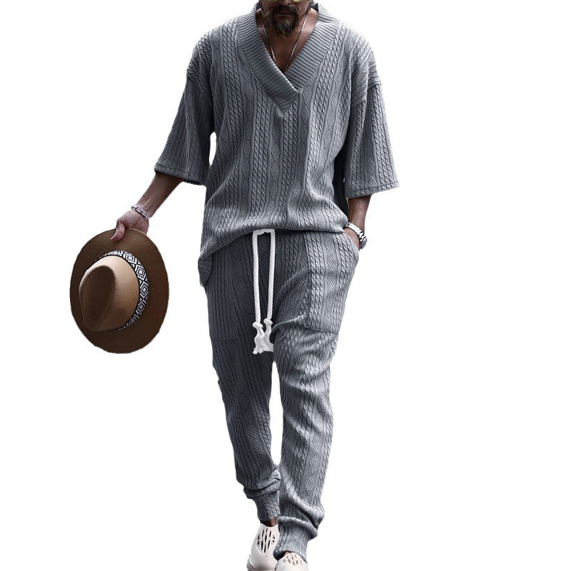 2024 Amazon transfronterizo verano de los Hombres Nuevo traje de punto casual europeo y americano suelta de manga corta Camiseta pantalones hombres