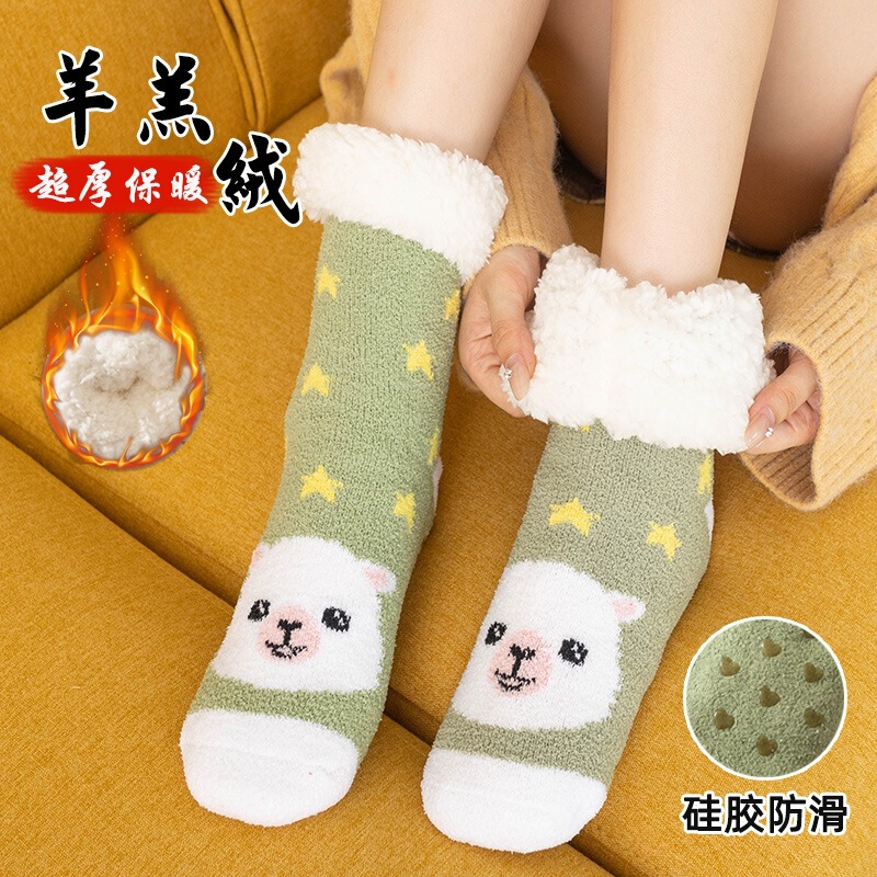 Warm Socks Children's Floor Socks Velvet Thickened Autumn lunar November Children Lamb Velvet Home Sleeping Sleeping Socks Anti-slip Mid-length Socks