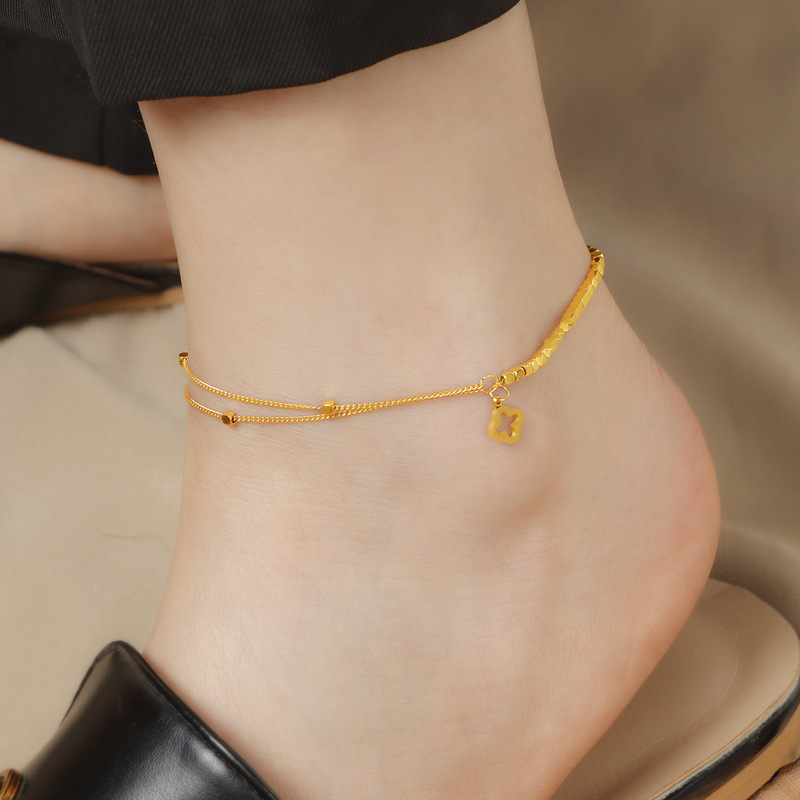 Titanium Steel Color-free New Double-layer Broken Silver Four-leaf Clover Stitching Anklet Women's Light Luxury Exquisite Foot Accessories All-match Ankle