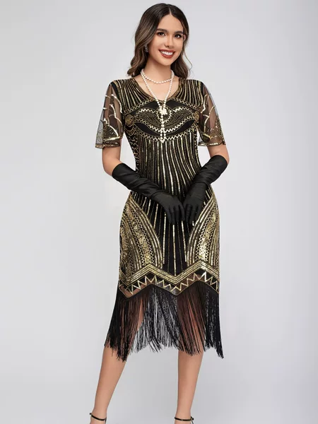 Tassel Dress 1920S Retro Gatsby Ball Party Sequined Beaded Short-Sleeved Dress Amazon Cross-Border