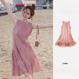 法式温柔甜美粉色无袖连衣裙女装夏季温柔收腰网纱度假风a字裙子