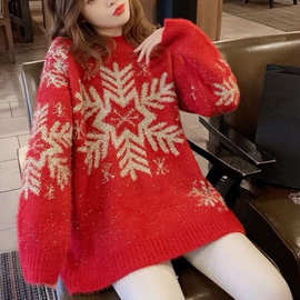 欧美跨境亚马逊红色圣诞亮丝雪花毛衣女秋冬新款宽松慵懒风针织衫