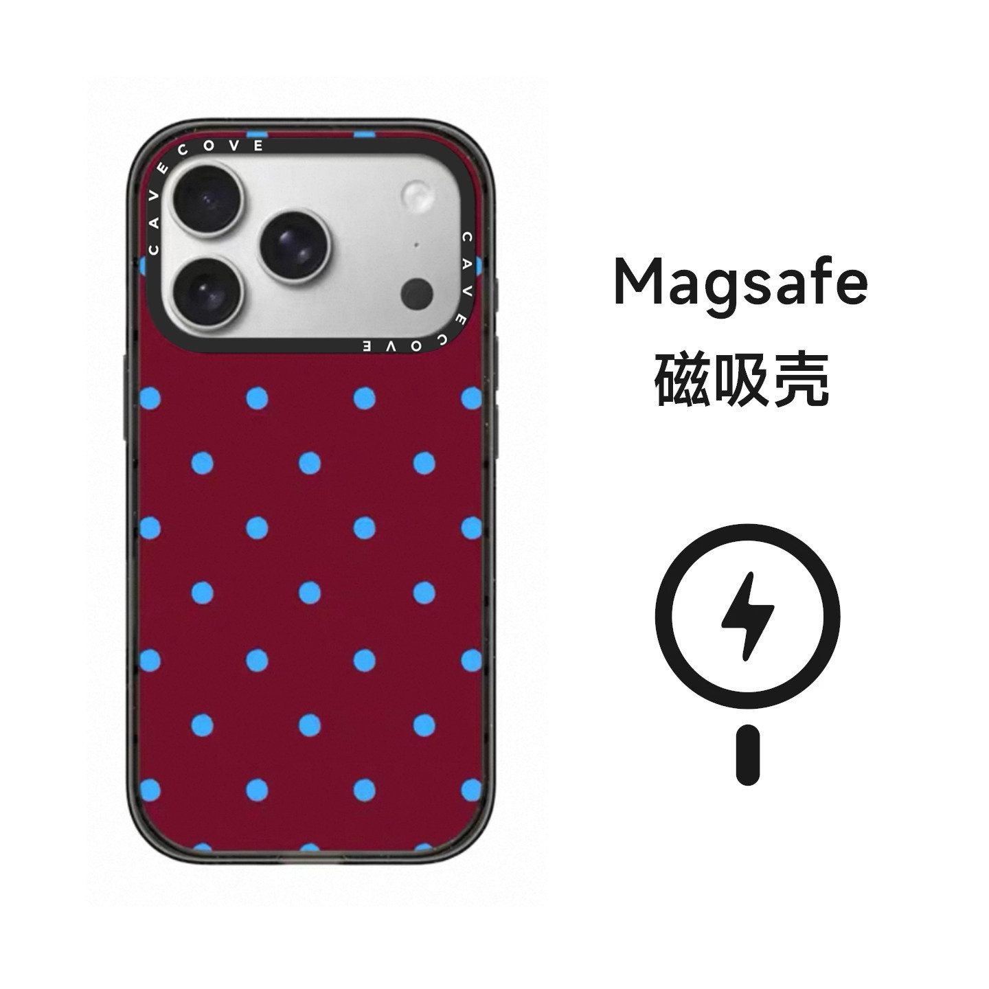 Red background and blue polka dots, transparent-black frame (MagSafe magnetic at…