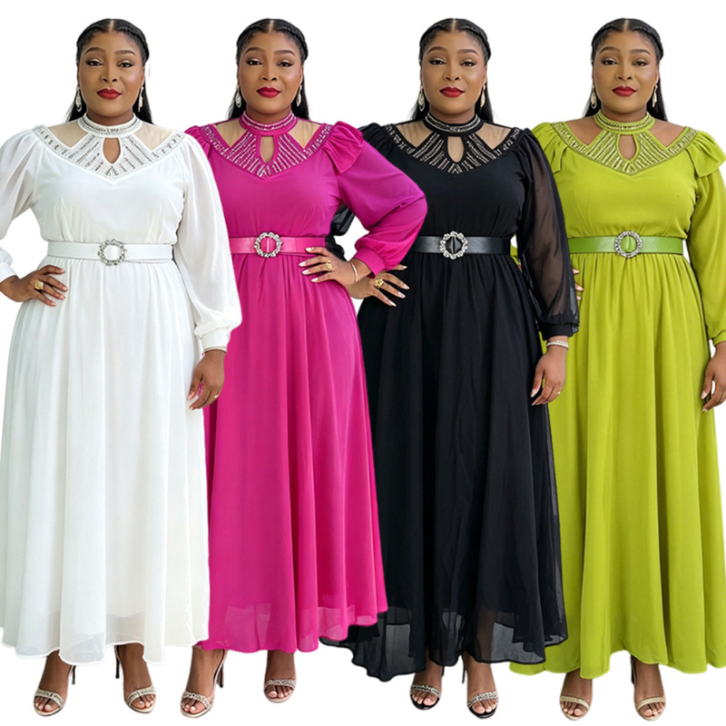 Aliexpress Amazon Plus Size Women's Dress Elegant and Fashionable Rhinestone Chiffon Gown with Belt