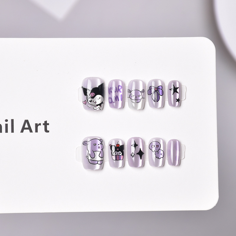 Cute dibujo animado prefabricado para usar uñas púrpura manicure falso parche de uñas desmontable corto ojo de gato manicure