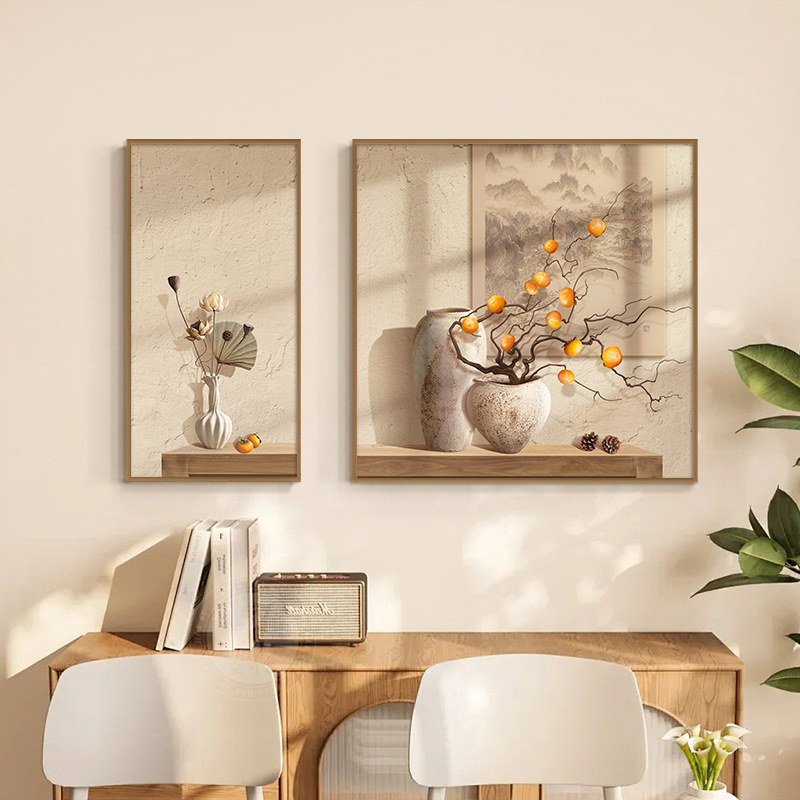 わびさびログスタイルリビングルームダイニングテーブル壁画平和と喜びダイニングルーム背景壁掛け絵画暖かいホームレストラン装飾絵画|undefined
