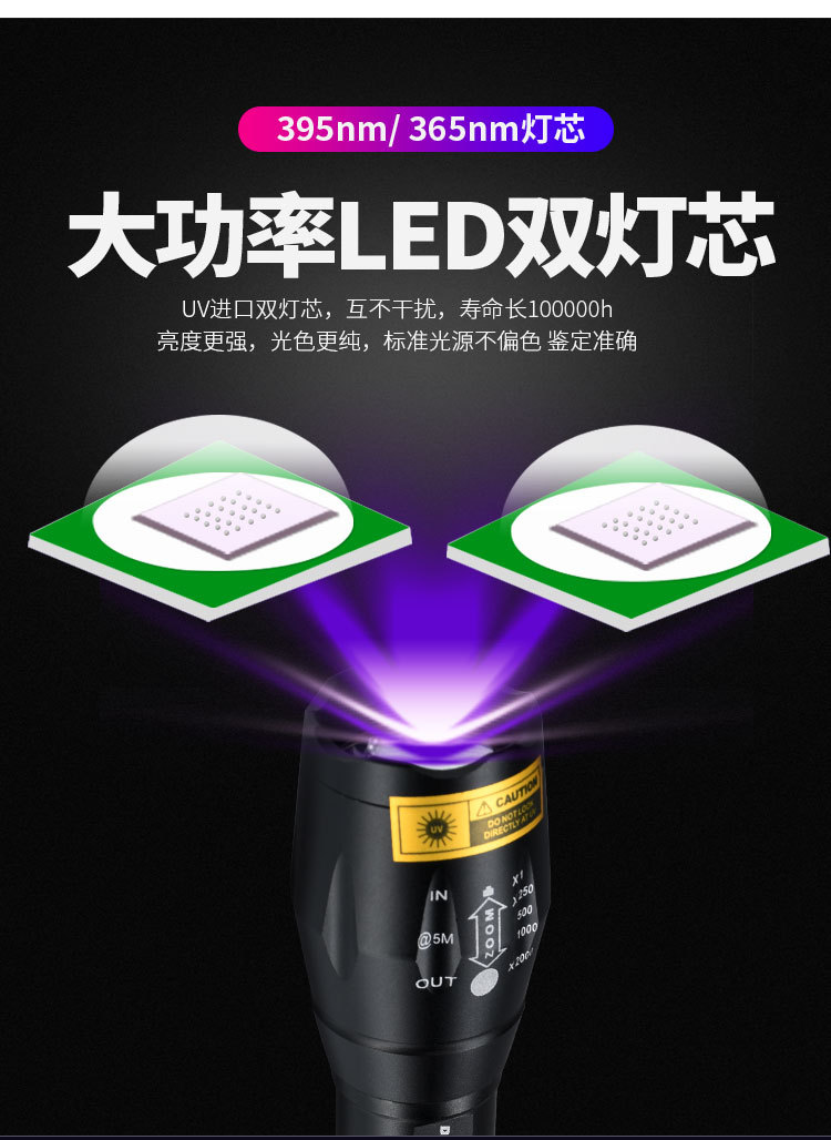 Uv Ultraviolet Flashlight Dual Light Purple Light Jade Anti-Counterfeiting Banknote Detection Cat Moss Fluorescent Agent Detection Light Scorpion Light