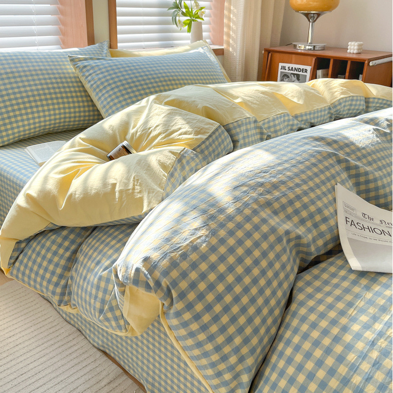 Juego de cuatro piezas de algodón lavado teñido en hilo para estudiantes 2025 nuevo juego de sábanas de edredón de dormitorio de estudiantes de tres piezas