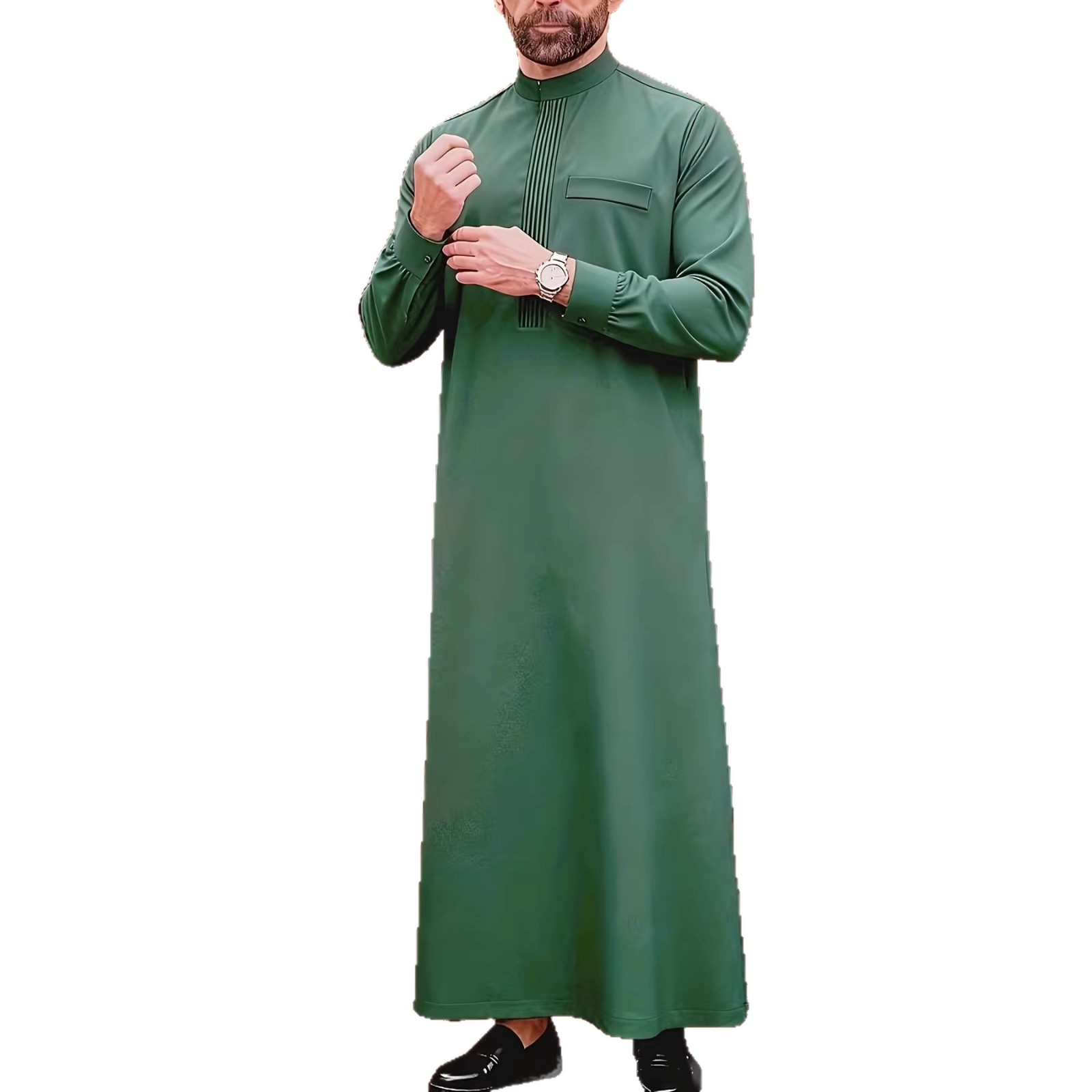 Camicia casual da uomo a maniche lunghe con ricami arabi - Abbigliamento etnico tradizionale mediorientale musulmano, poliestere, taglie S-XXL, verde_voghion.com