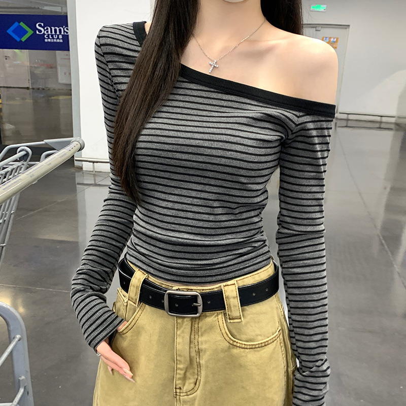 Striped Elegant Slanted Shoulder Long-Sleeved T-Shirt for Women Asymmetrical 2025 Autum New Sexy Slim Slim Student Top