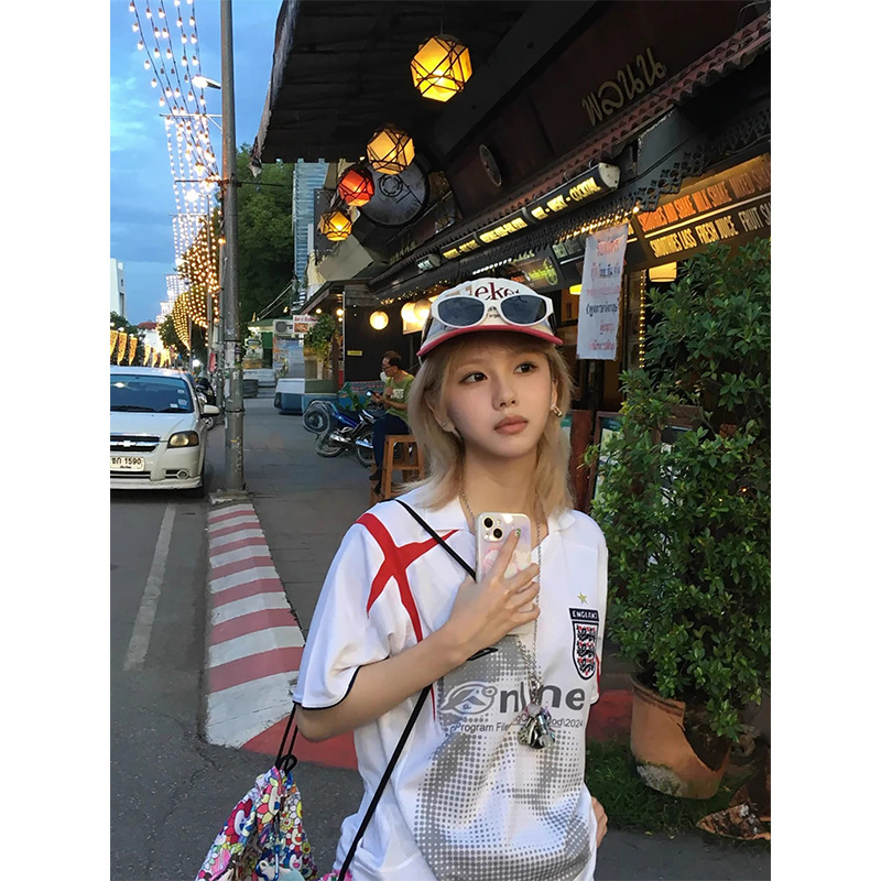 American Retro Sports T-Shirt for Women in Summer New Style Contrasting Color Splicing Jersey Style V-Neck Short-Sleeved Design Loose Top