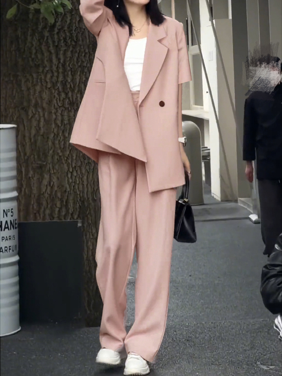 Women's Clothing Summer thin suit wide leg pants suit women's large size women's clothing fat MM 200 pounds loose short sleeved suit jacket_voghion.com