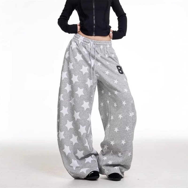 Cross-Border Trade American Retro Star-Printed Gray Sweatpants for Women 2025 Autumn and Winter New Loose Wide-Leg Sports
