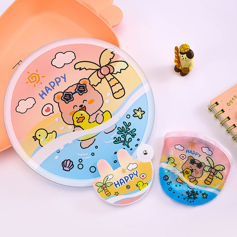 Verano lindo mini tela ventilador plegable portátil portátil regalo de vacaciones ventilador plegable con mango pequeño ventilador redondo