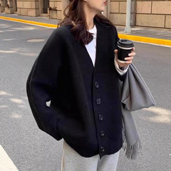 黑色毛衣外套女大码2025外穿复古中长款慵懒宽松v领针织开衫