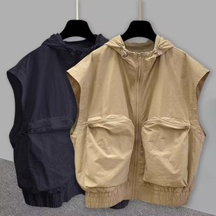 Cardigan Zipper Hooded Sleeveless Vest Men's Summer Korean Style Trendy Workwear Three-Dimensional Pocket Design Waistcoat Vest
