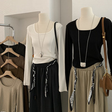 欧玛莱 方领修身显瘦纯色长袖短款内搭打底衫T恤上衣秋季百搭4392